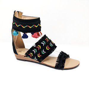 Chase + Chloe Cayne Black Rainbow Pom Pom Boho Zip Up Ankle Strap Sandals
